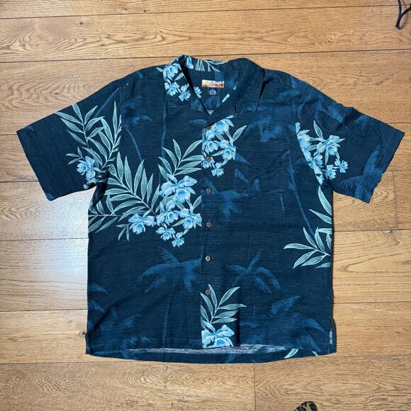 Havana Jack's Cafe 100% Silk Shirt XL Blue Hawaiian Print Tropical Beach Casual - Picture 1 of 10
